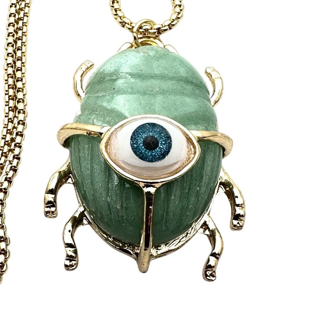 Evil Eye Necklace Green Jade Gemstone Scarab Beetle Pendant Gold Plated